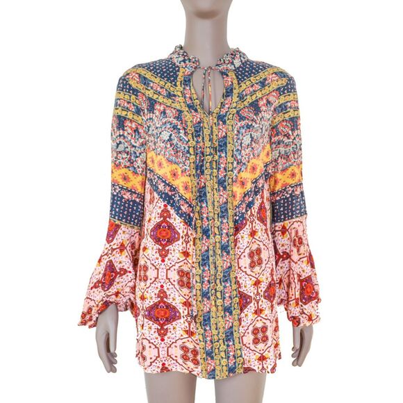 Boho Festival Floral Long Sleeve Summer Casual Everyday Tunic Blouse Size Small - Picture 1 of 4